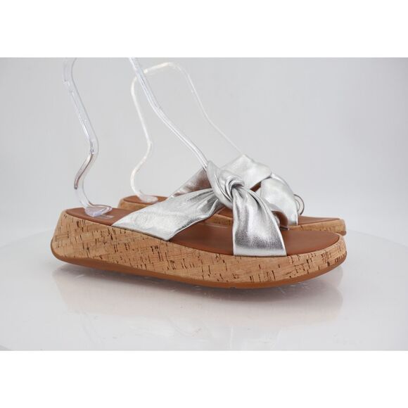 Fitflop Women's F-Mode Leather-Twist Flatform Slides Wedge Sandal Size 11 Silver - Picture 1 of 12